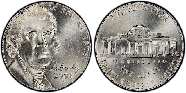 2009-P Jefferson Nickel obverse and reverse showing Jefferson portrait and Monticello