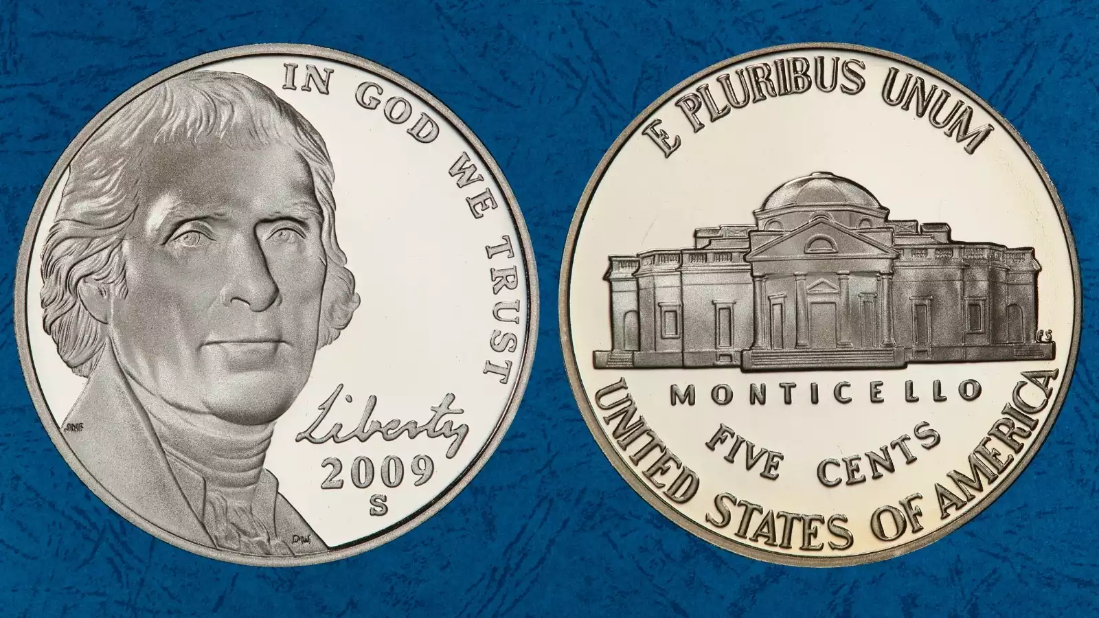Side-by-side comparison of 2009 Jefferson Nickel without Full Steps versus with Full Steps, showing the difference in Monticello staircase detail